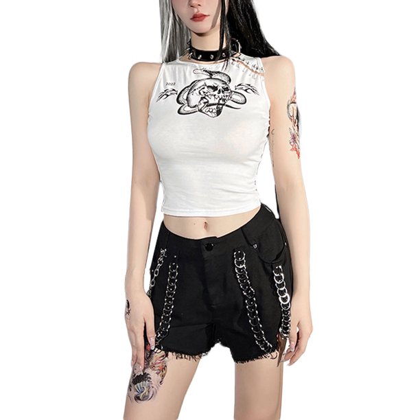 VISgogo Mujeres Goth Tank Tops, Adultos Slim-fit Sin Mangas Calavera Estampado Cuello Redondo Crop Tops con Pasadores de Seguridad VISgogo moda