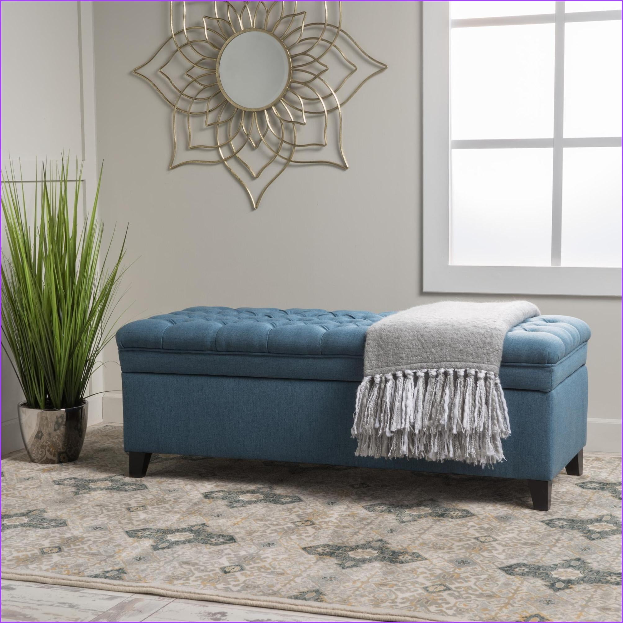 Storage Ottoman, Modern Fabric Navy Blue Birch Legs 50” L x 20.5” W x 18.3” H Living Room Extra Seating | Fabric | Navy Blue