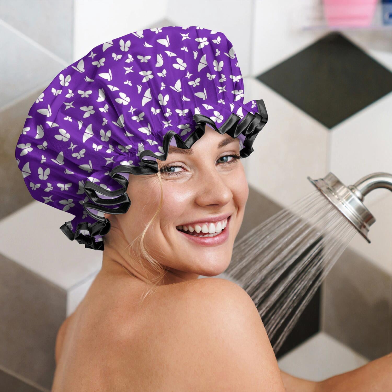 Shower Caps,Purple White Butterfly Pattern Waterproof Shower Cap for Women 4 Pieces,Double Reusable Hair Cover for Shower PEVA Elastic Stretch Hem