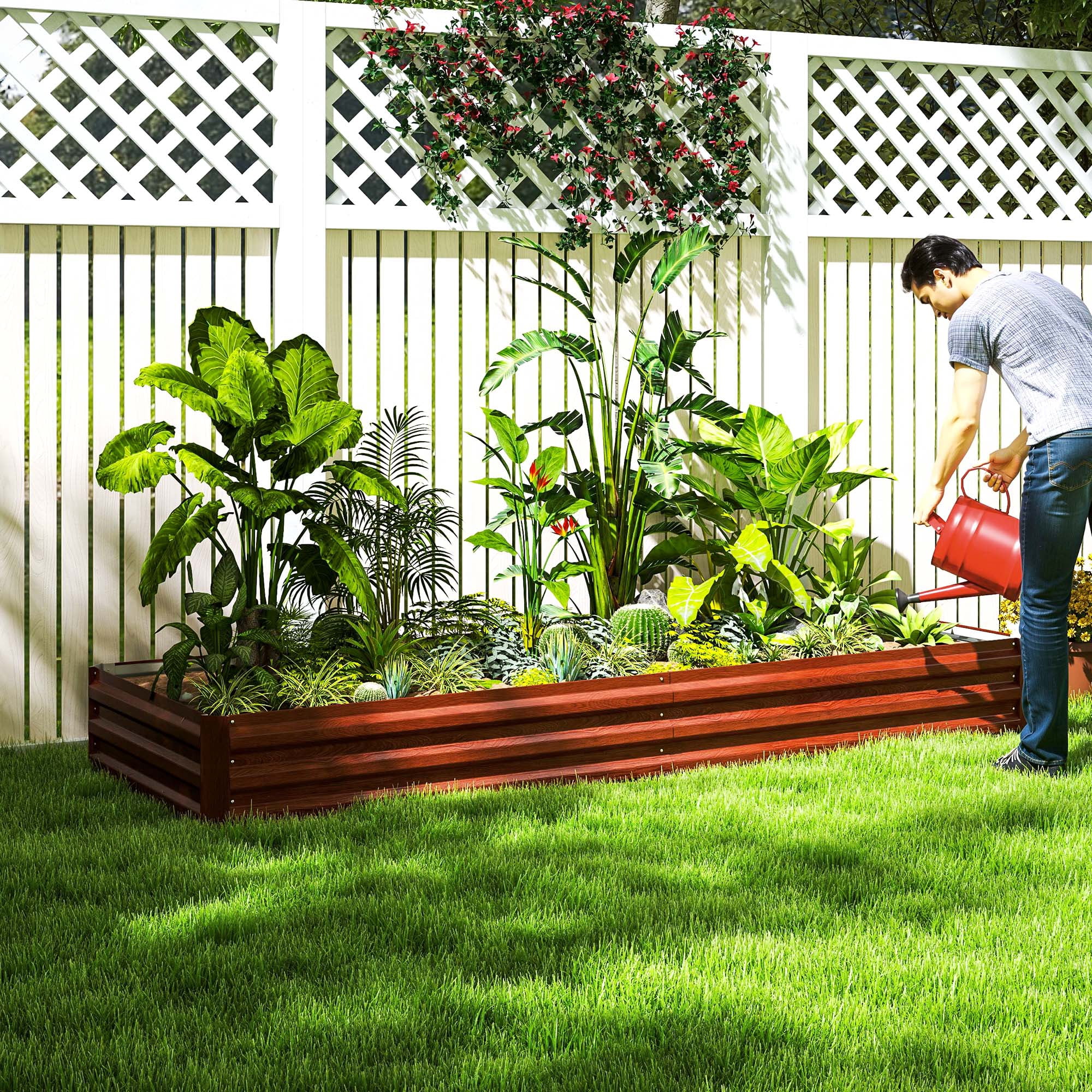 Outsunny 95" x 36" x 12" Galvanized Raised Garden Bed, Metal Elevated Planter Box, Easy DIY and Cleaning for Growing Flowers, Herbs, Natural Wood