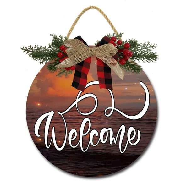Eveokoki 12" Welcome Round Wooden Hanging Sign for Farmhouse Porch Decorations, Rustic Welcome Wreaths Sign with Greenery for Front Door Decoration, Wall Decor, Home Outdoor Indoor