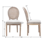 Guyou Farmhouse Dining Chairs Set of 2, French Wooden Country Upholstered Linen Oval Side Chair with Round Rattan Back for Restaurant Living Room Kitchen Dining Room, Beige