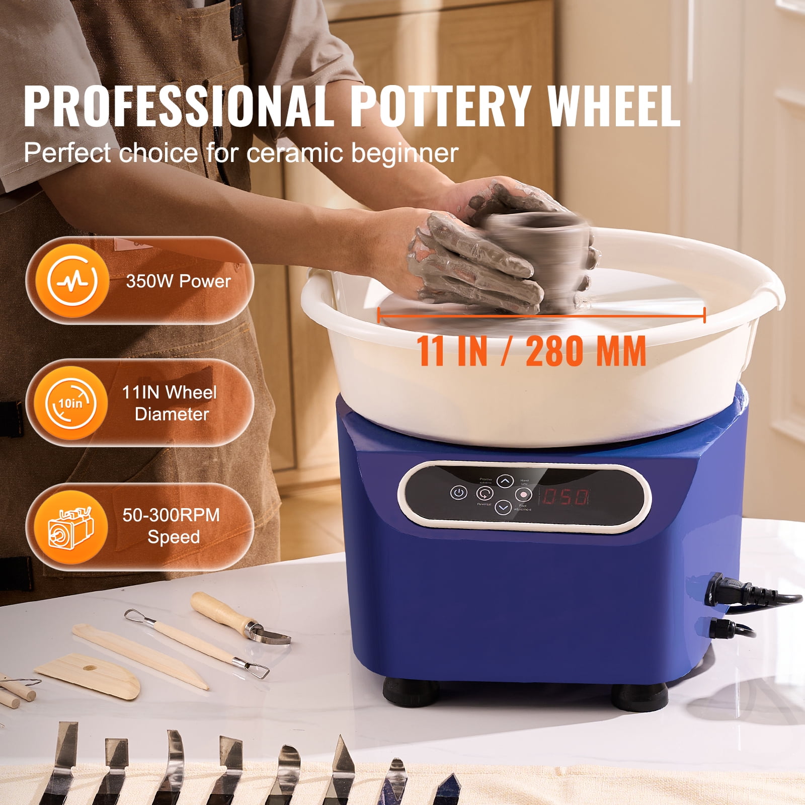 KFFKFF 11 Inch Pottery Wheel Ceramic 350W Wheel Blue Foot Pedal Touch Screen Apron