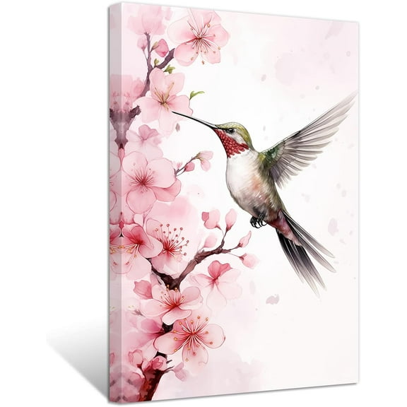 ZHONGYUTONG Hummingbird Canvas Wall Art Watercolor Bird & Flower Painting Prints Nature Animal Pictures for Kid's Room Nursery Framed (12.00" x 18.00")