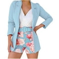 thumbnail image 2 of FAKKDUK Women's 3 Piece Business Suit Open Front Long Sleeve Blazer and Casual Floral Shorts with Belt Suit Set for Work Office Suits Set Business Dressy 3 Piece Outfit, Sky Blue&XL, 2 of 8