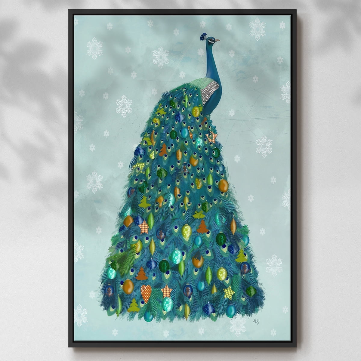 Christmas Peacock Christmas Tree - Framed Gallery Wrapped Holiday Canvas - 25 x 37 - Black Frame