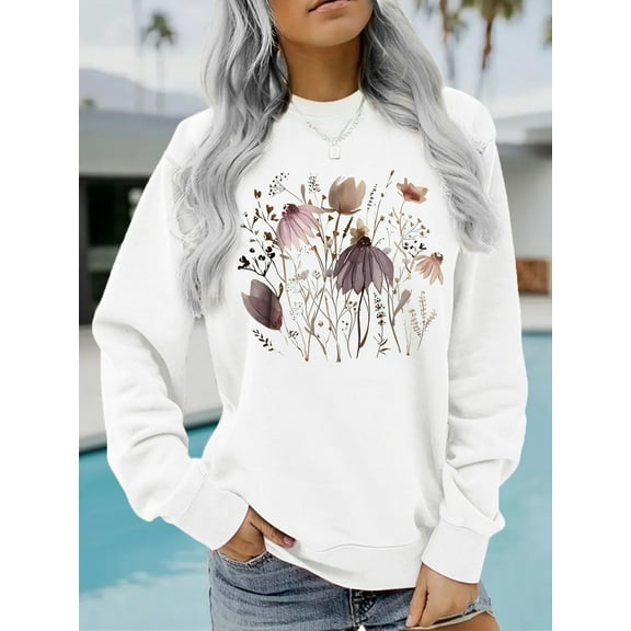 Uootdi Long Sleeve Shirts for Women Oversized Flower Wildflower Graphic Sweatshirt for Women Floral Printed Gift Shirt Vintage Crewneck Pullovers Tops