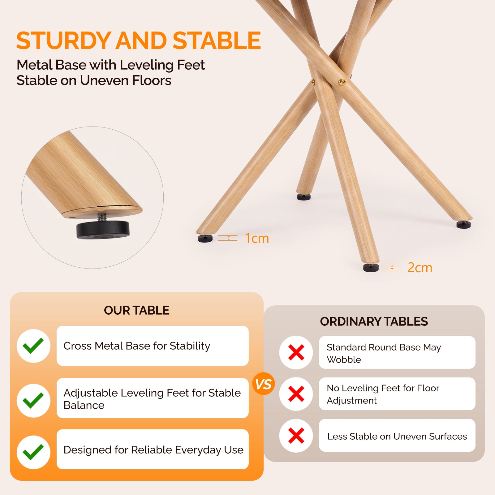 37.4 Inch Round Dining Table for 4-6 People, Cross X Metal Leg Kitchen Dinner Table with Adjustable Foot Pads, Easy Assembly Small Space Dining Room Table, Natural Wood Tone