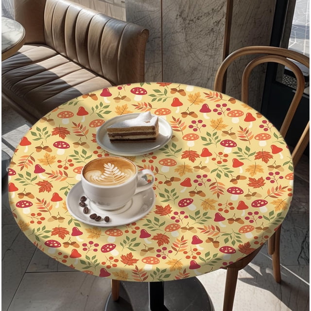 Housse de Table Ronde pour Tables Rondes 36 Pouces-70 Pouces, Nappe Ajustée avec Élastique pour Fête Intérieure Extérieure Vacances, 60 Pouces, Feuille d'Érable d'Automne et Champignon
