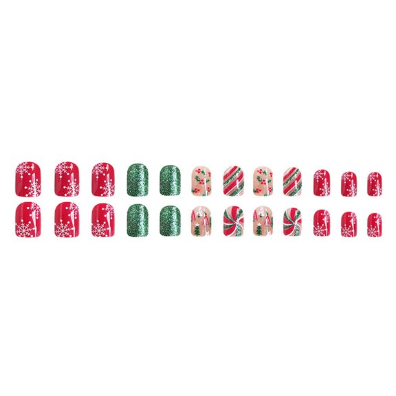 24Pcs Christmas Holly Press on Nails Green Glossy Glitters False Nails Short Square Snowflake Stick on Nails Manicure