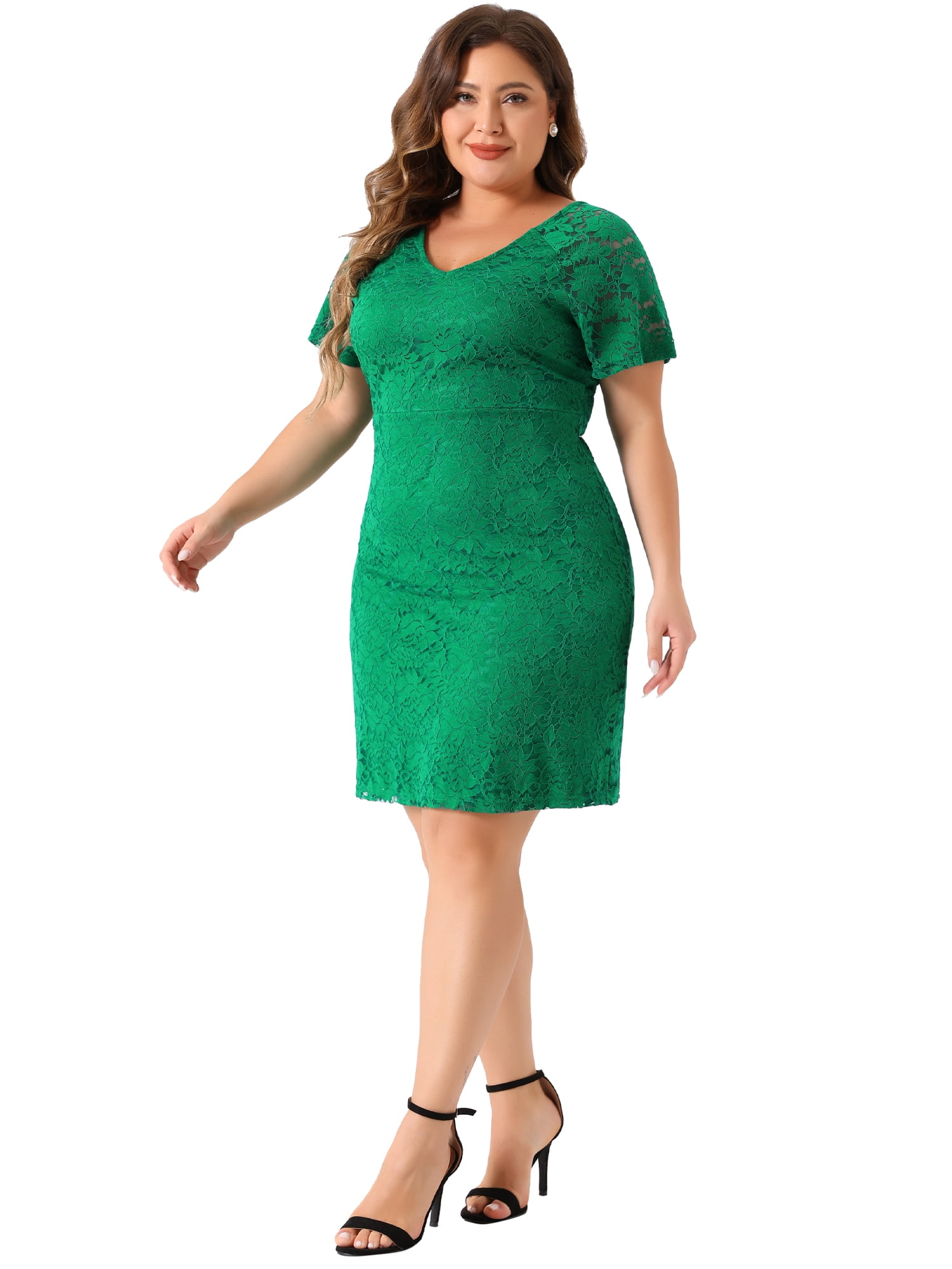 DARING DIVA Plus Size Floral Bateau V Neck Short Sleeves Lace Dress 2X Green