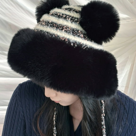 Womens Winter Pompom Hat Knit Earflap Cap Warm Outdoor Ski Accessory for Cold Weather