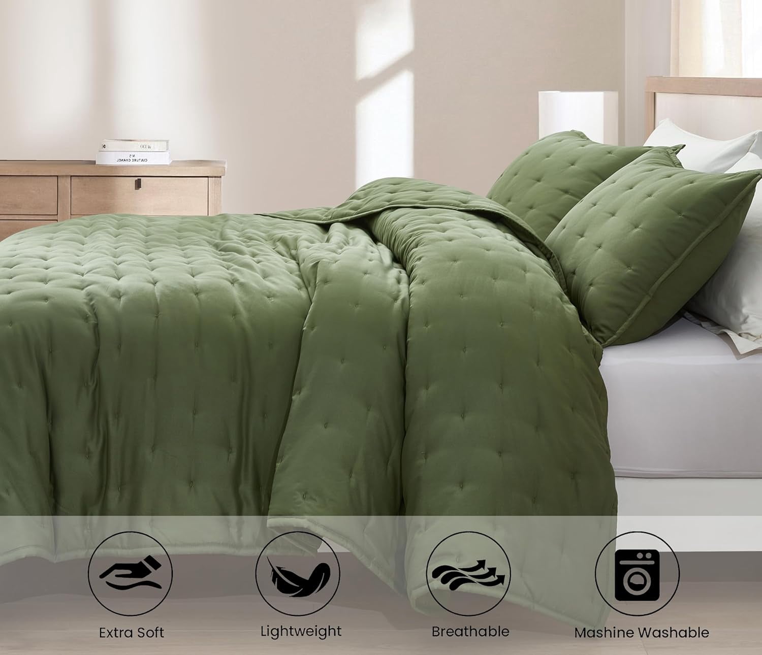 Chezmoi Collection Glen 3-Piece Crescent Stitched Quilt Set, King Size, Olive Green, Rayon Derived from Bamboo & Polyester Blended, Soft Breathable Cooling Bedspread for Hot Sleepers