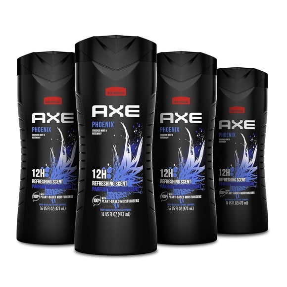 AXE Body Wash 12h Refreshing Scent Phoenix Crushed Mint & Rosemary Men's Body Wash with 100% Plant-Based Moisturizers, 16 Fl Oz (Pack of 4)