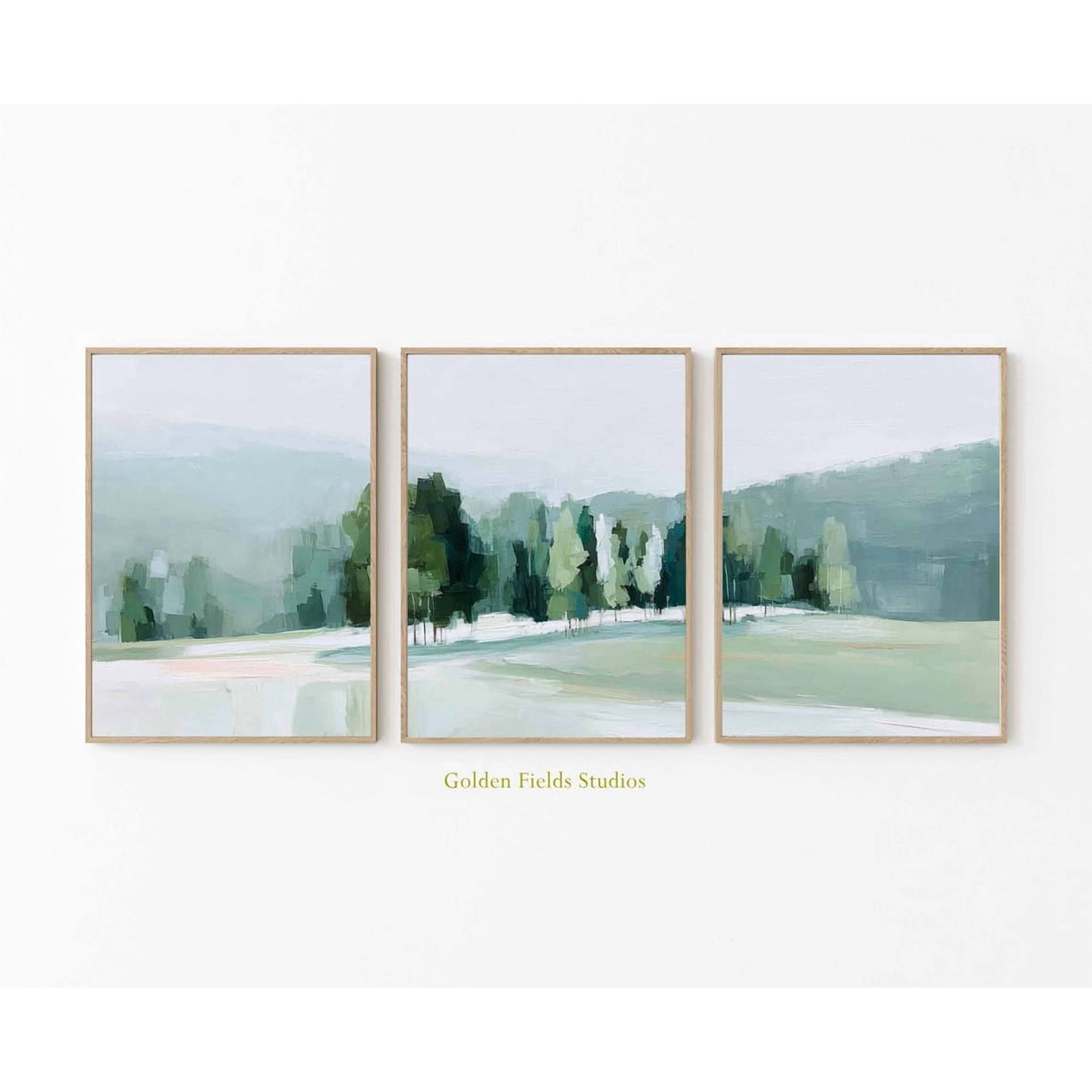 Set Of 3 Forest Green Landscape Abstract Woodland Wall Art Prints Modern Living Room And Office Decor