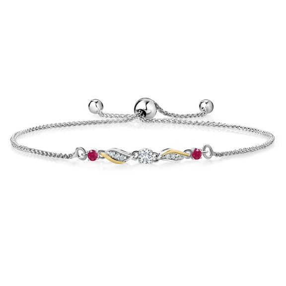 Gem Stone King 925 Sterling Silver and 10k Yellow Gold White Lab Grown Diamond and Red Ruby Tennis Bracelet for Women (0.33 Cttw, Gemstone April Birthstone, Fully Adjustable up to 9 inch)