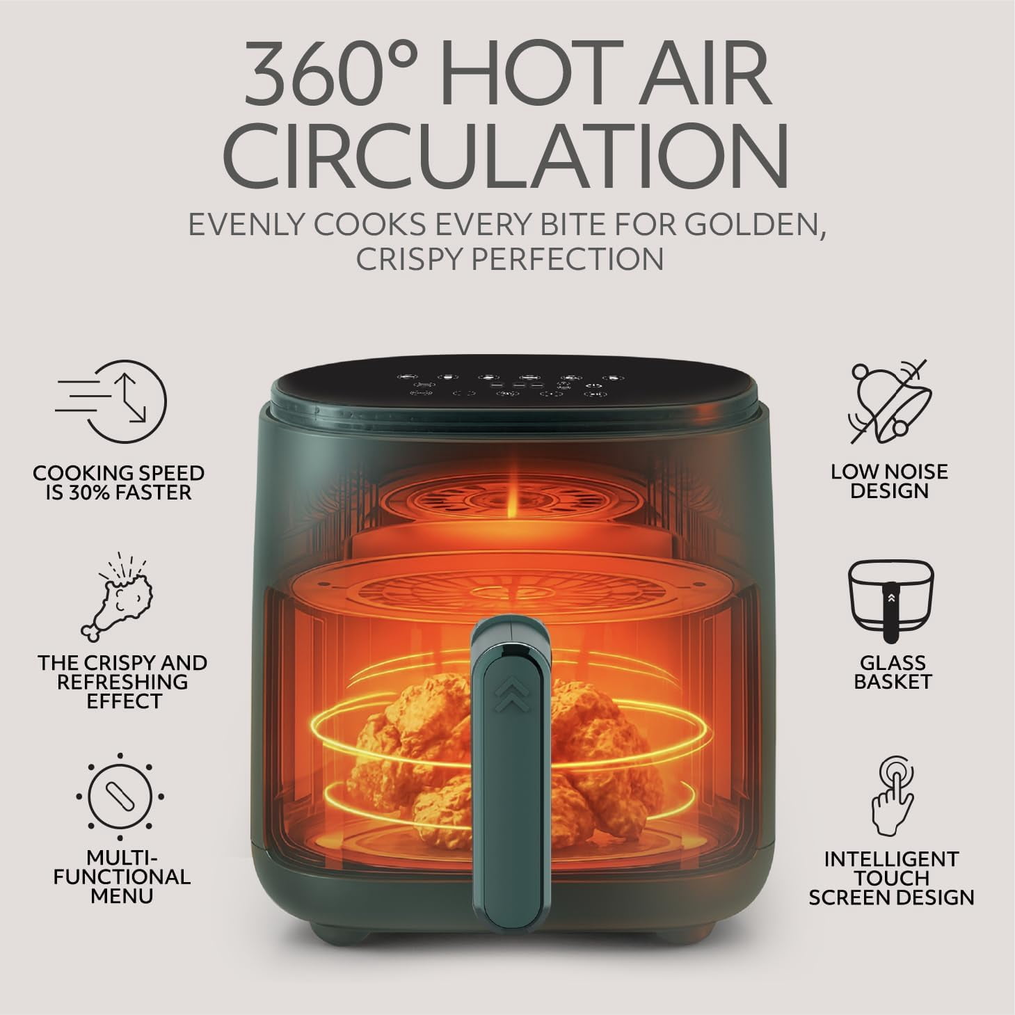 Series 6 in 1 Air Fryer with Glass Basket, 5 Quart Non Toxic Air Fryer w Digital Display, 430 ° F Max Temp, Preheat & Keep Warm Function, Compact + Dishwasher Safe Glass Airfryer - GREEN