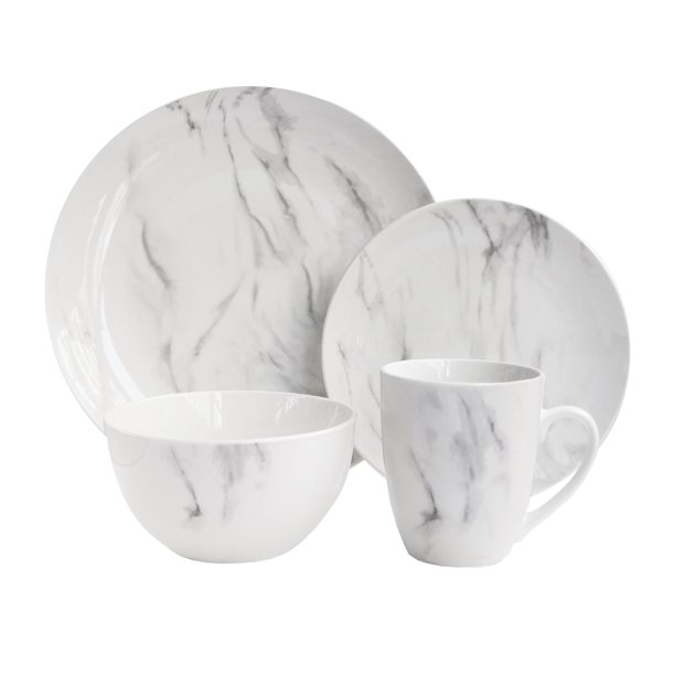MARBLE WH/GRAY 16PC DINNERWARE SET 10.5"D, 7.5"S,