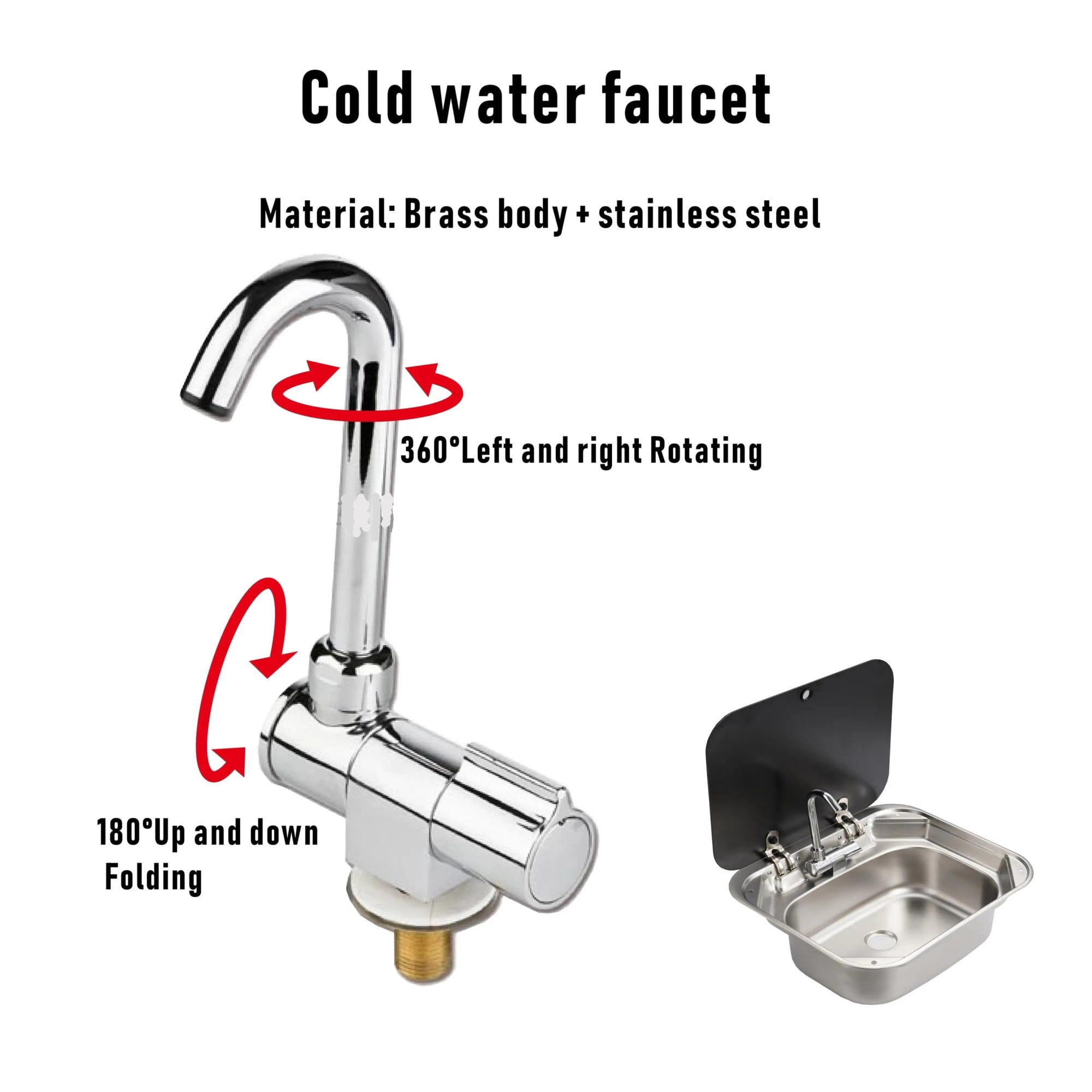 Faucet 180 Degree Folding 360 Rotating Sink Tap Mobile Kitchen Bathroom RV Marine Boat Motorhome Camper Van Brass Body