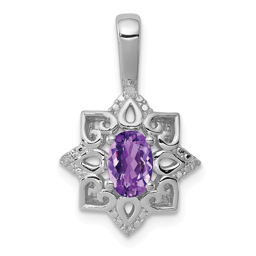 925 Sterling Silver Polished Open back Rhodium-plated Amethyst and Diamond Pendant 