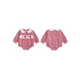thumbnail image 2 of BemeyourBBs Newborn Baby Girl Valentines Day Outfit Gingham Plaid Bubbel Rompers Puff Long Sleeve Letters Embroidery Bow Decor Bubble Bodysuit Infant Spring Clothes, 2 of 9