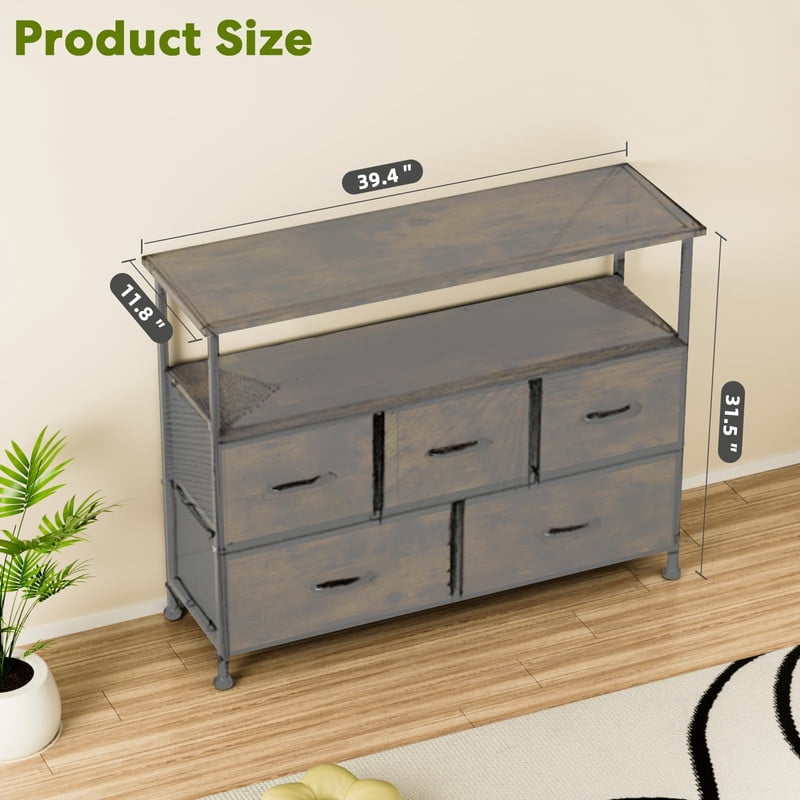 Simple Deluxe TV Stand Dresser for Bedroom Entertainment Center with 5 Fabric Drawers, Storage Organizers Units for Living Room, Media Console Table with Open Shelf up for 45" TV, Brown