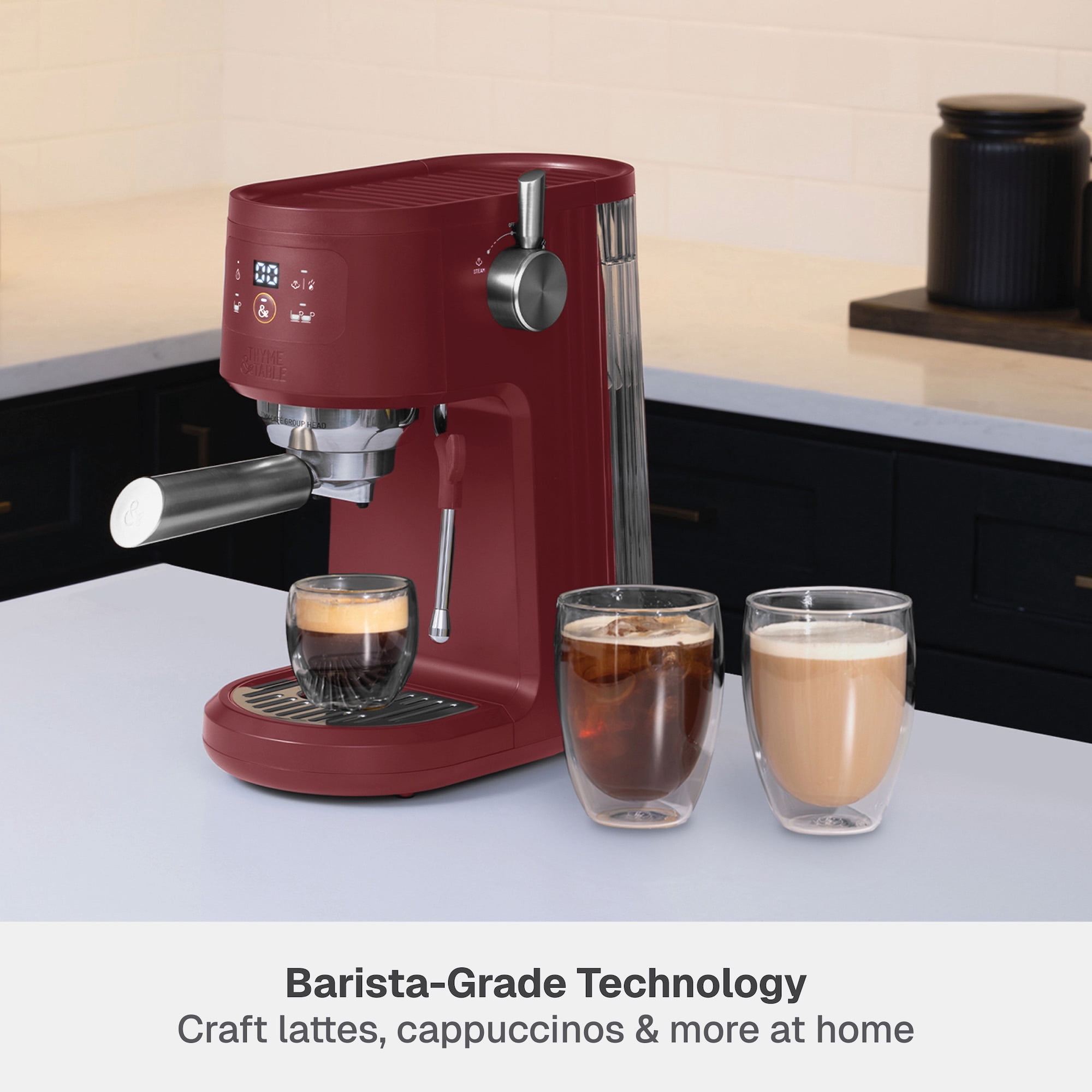 Thyme & Table Barista Mini Espresso Machine with 15-Bar Pressure and Steam Wand, Cabernet Red