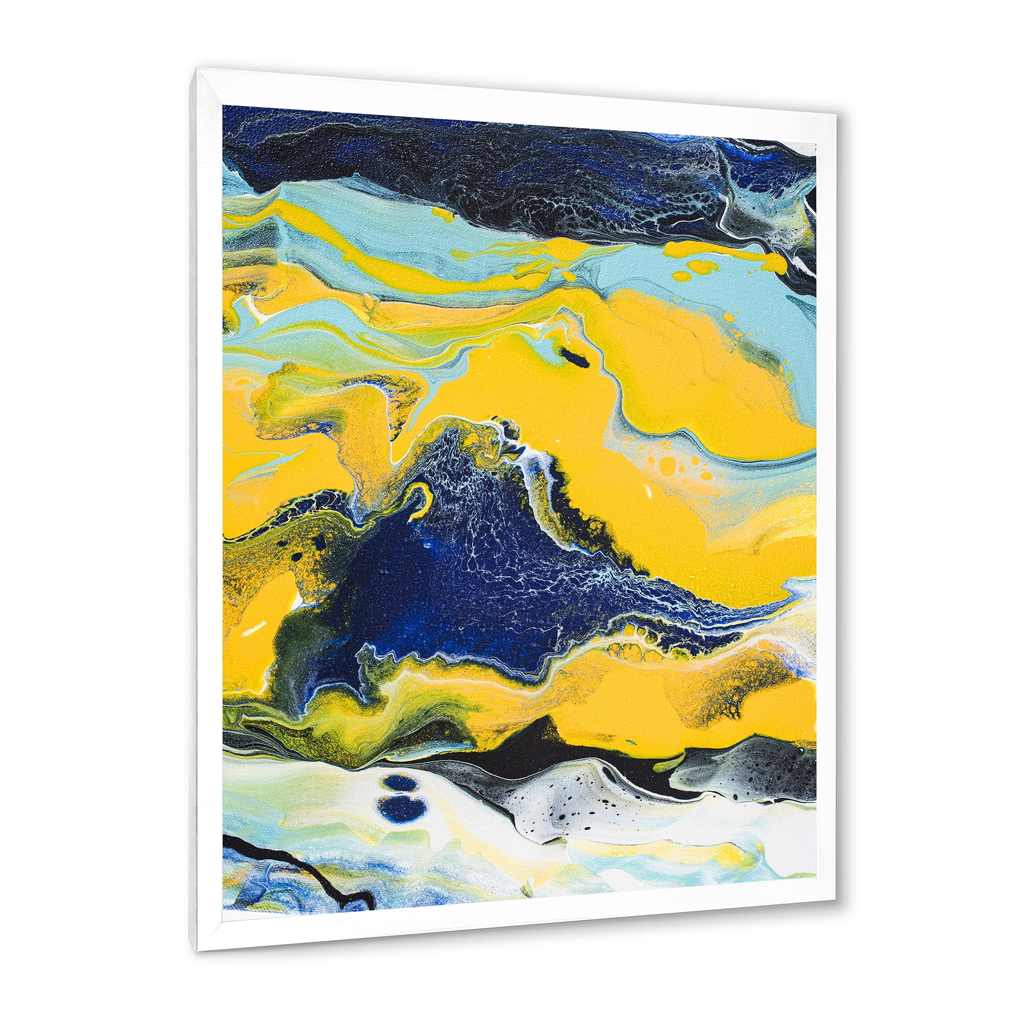 Designart 'Abstract Marble Composition In Blue and Yellow I' Modern Framed Art Print