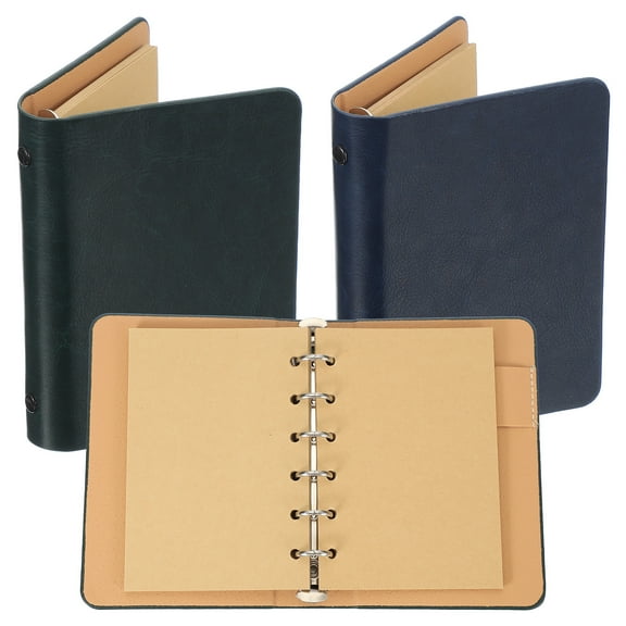 Uxcell 6 Ring Binder Cover, 2 Pack A7 kraft Leather Notebook Binder Mini Refillable Loose Leaf Personal Planner with 50 Sheets Paper, Dark Green / Dark Blue