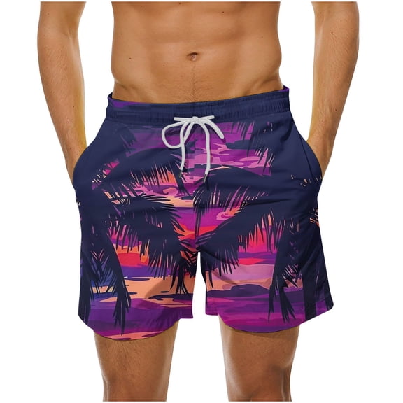 LYEAA Mens Board Shorts Swim Trunks Elastic Waist Summer Beach Big Men's Swimming Shorts Hawaiian Colorful Tree Printed Surfing Casual Athletic Trendy Comfortable Swimsuit with Pockets Purple L