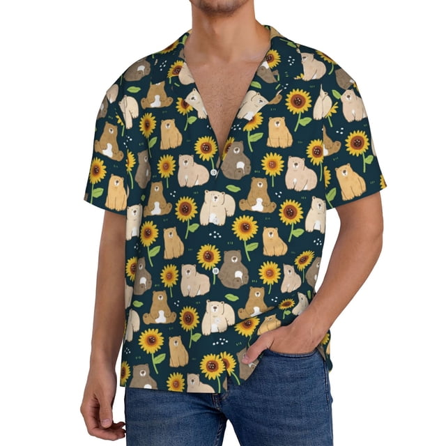Balery Bear Sunflower Camisa Casual de Manga Corta con Botones para Hombre, Texturizada, Estilo Cubano, para Playa, Verano-4X-Large