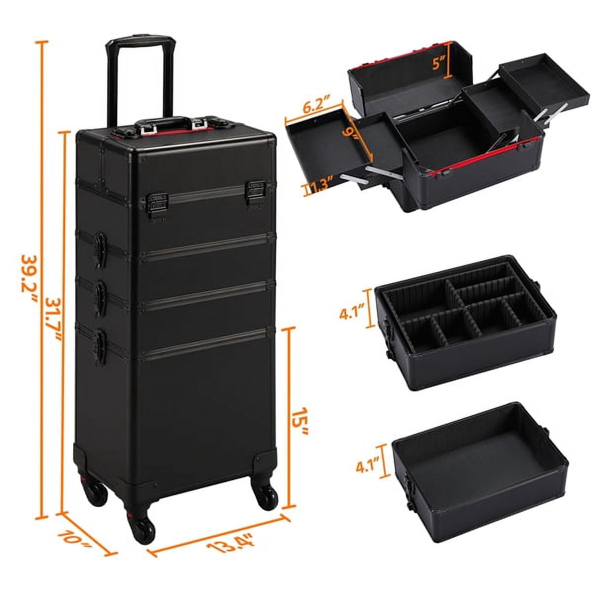 Renwick Professional 4-in-1 Aluminum Cosmetic Case Large Capacity with Brush Bag Black
