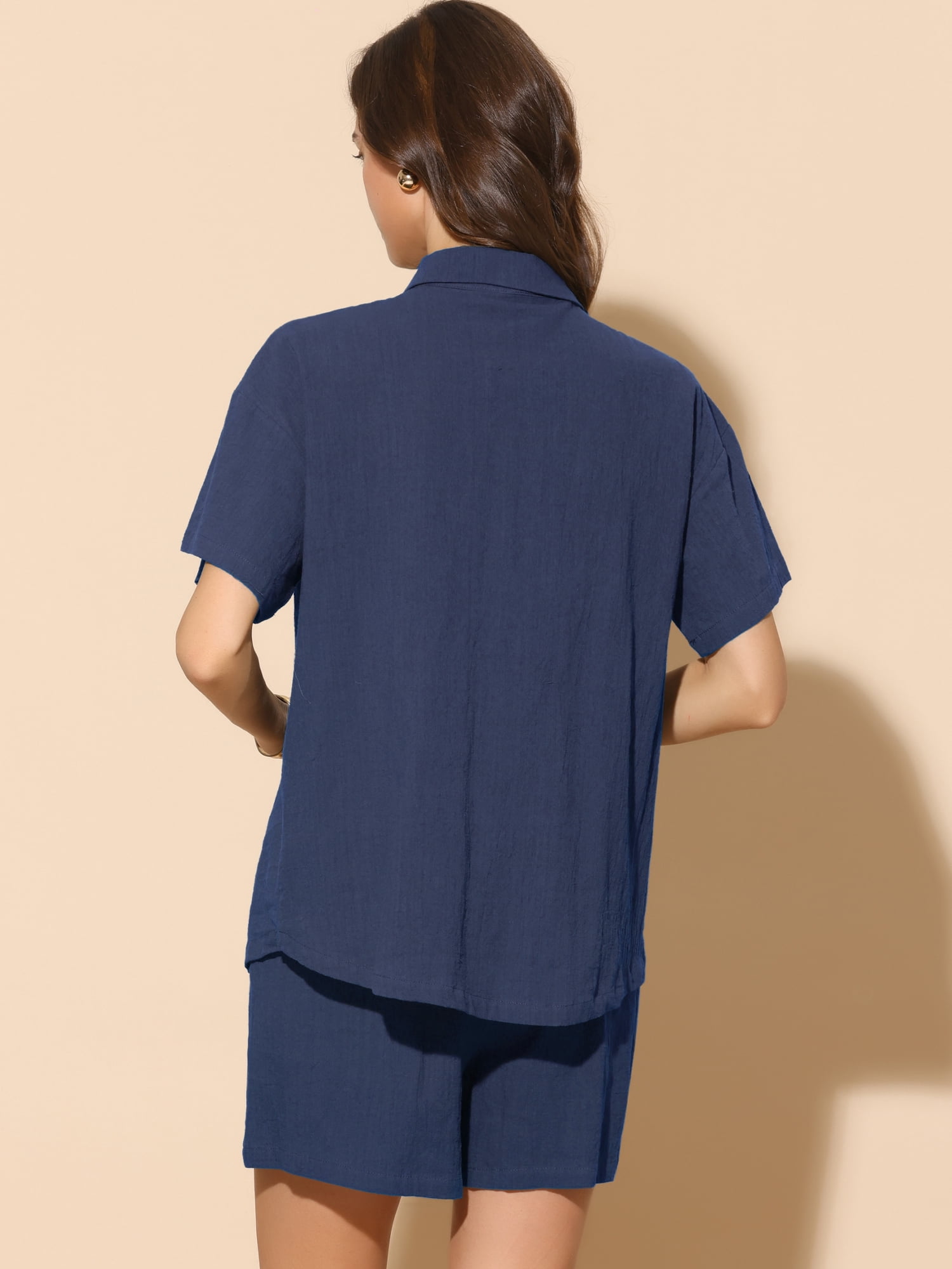 DARING DIVA 2 Pcs Women's Cotton Button Down Shirt Lounge Beach Short Sets M Dark Blue