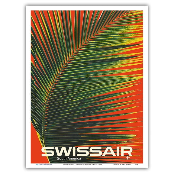 South America - SwissAir - Palm Frond - Vintage Airline Travel Poster by Manfred Bingler c.1964 - Master Art Print (Unframed) 9in x 12in