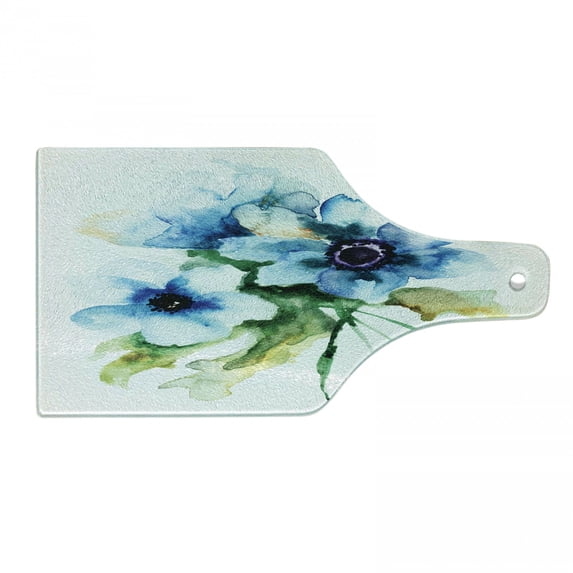 Watercolor Flower Cutting Board, Pale Colored Summer Season Leaves Bouquet Nature Image Print, Decorative Tempered Glass Cutting and Serving Board, Wine Bottle Shape, Teal Green White, by Ambesonne