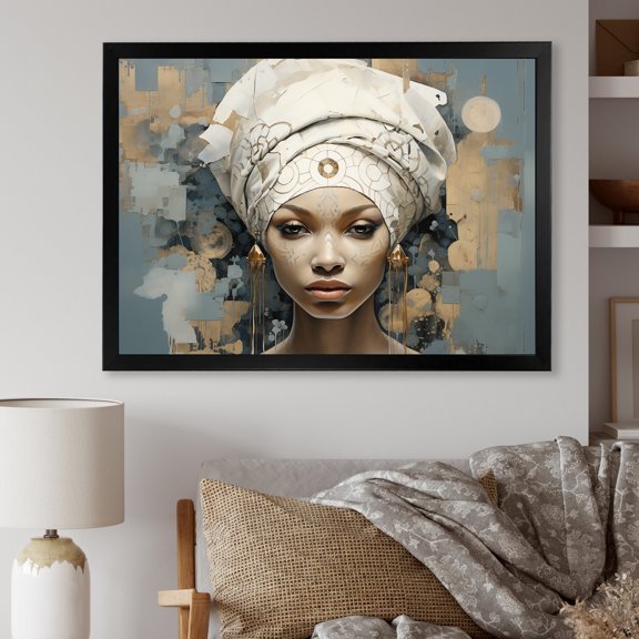 Designart "Collage Of An African Woman In Blue And Beige II" Africa Picture Framed Canvas Wall Art