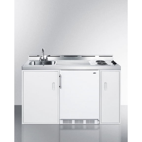 60" Wide All-In-One Kitchenette, White, Glass Cooktop