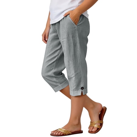 snilers Girls Linen Capri Pants Wide Leg Casual Beach Capris Loose Summer Kids Elastic Waist Cropped Trousers with Pockets 3-14 Years