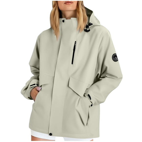 Npasoilc Coats for Women Ladies' Spring And Winter Waterproof Hooded Pocket Zipper Jacket Outdoor Mountaineering Clothing Sports Jacket