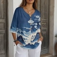 thumbnail image 3 of Xoenoiee Blue Mountain Tree Cloud Print Womens Cotton Linen Button Down Shirts 3/4 Sleeve Casual Loose Fit V Neck Breathable Summer Spring Blouses Top, 4XL, 3 of 7