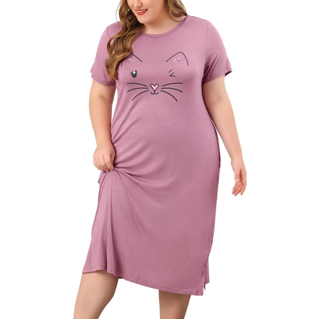 Women's Plus Size Nightgown Cat Print with Pocket Sleep Dress Sleepwear Purple 1X