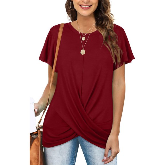 WNEGSTG Short Sleeve Shirts for Women Round Neck Casual Solid Color Kink Pleated T Shirt Top Wine