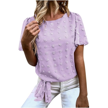 

Womens Chiffon Tops Summer Casual Short Sleeve Round Neck Blouse Elegant Solid Swiss Dot Pom Pom Tie Up Shirts