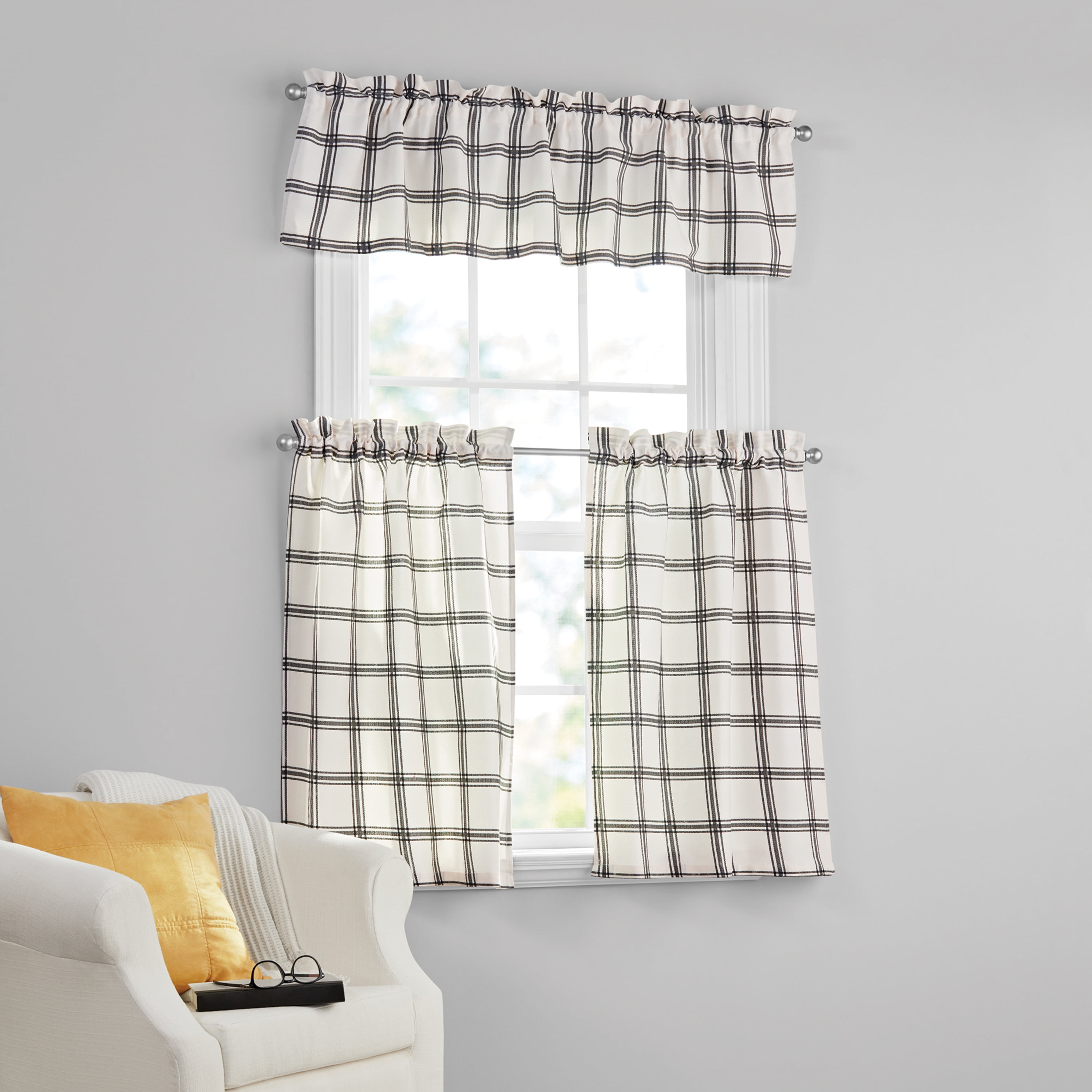 Mainstays Printed Tiers and Valance Set, 3-Piece, Black, 56 in x 36 in