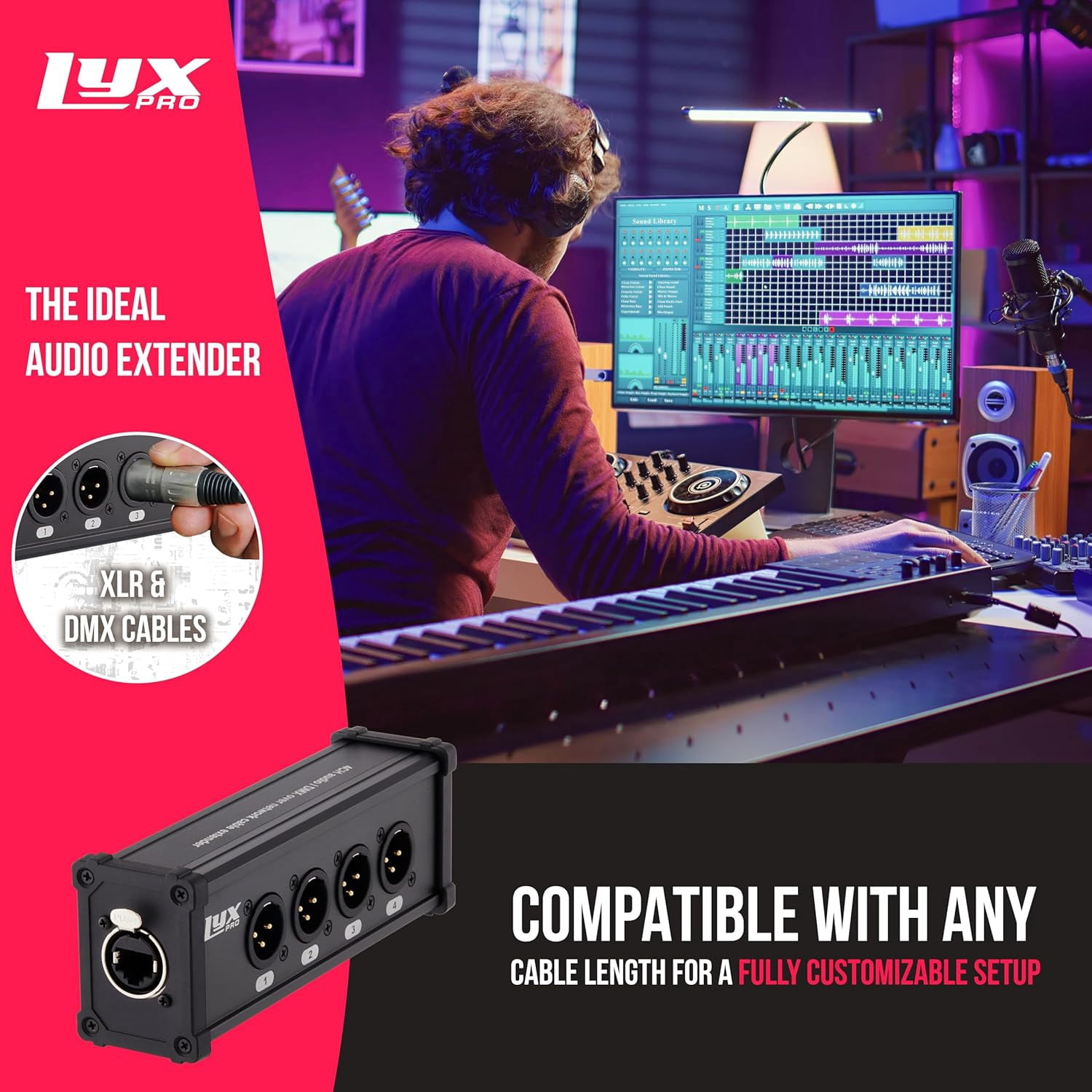 LyxPro 4‑Channel XLR to RJ45 Ethercon Male Breakout | Audio Interface Cable Snake