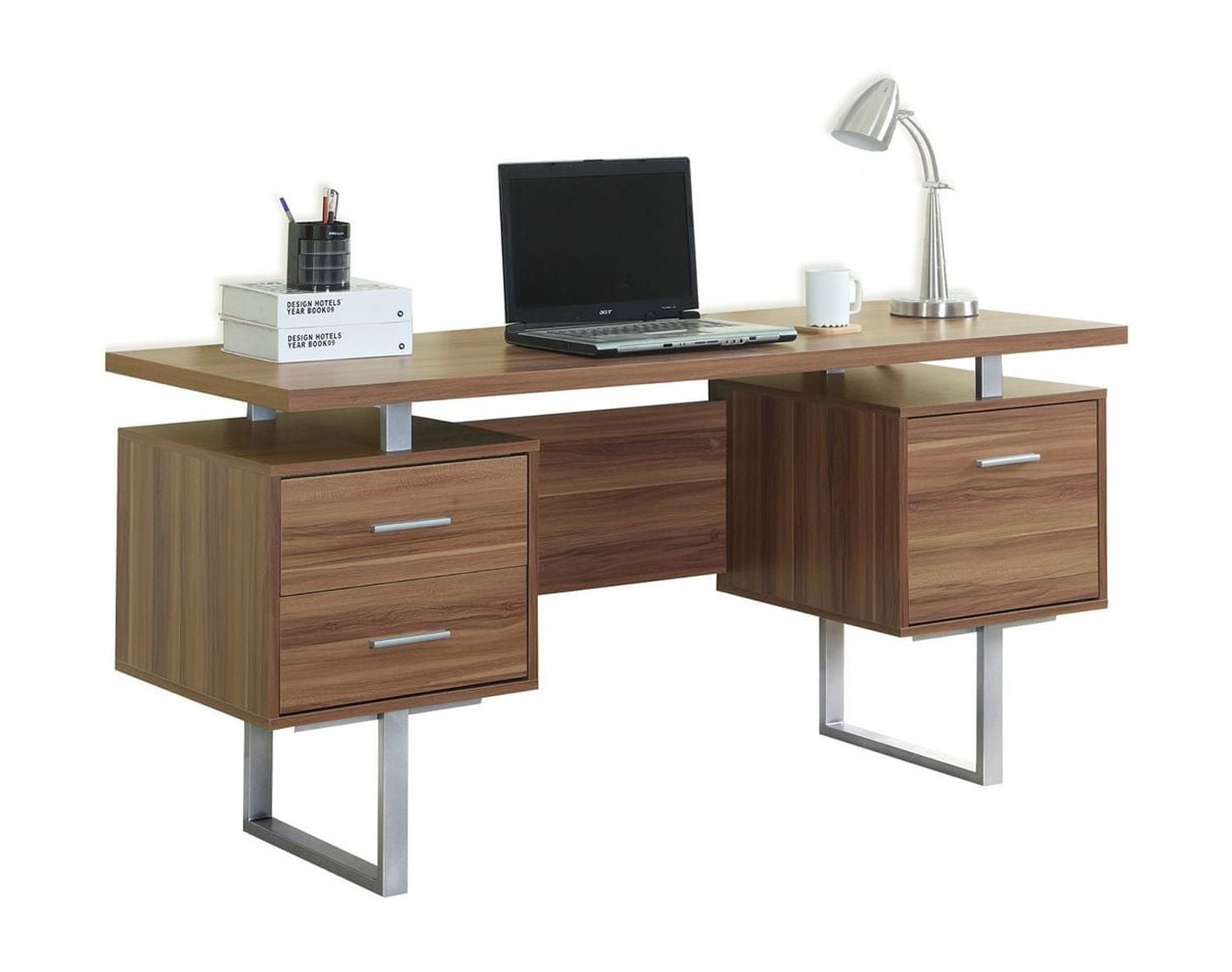 Monarch Specialties Computer Desk, Home Office, Laptop, Left, Right Set-Up, Storage Drawers, 60"L, Metal, Laminate, Walnut, Silver, Contemporary, Modern