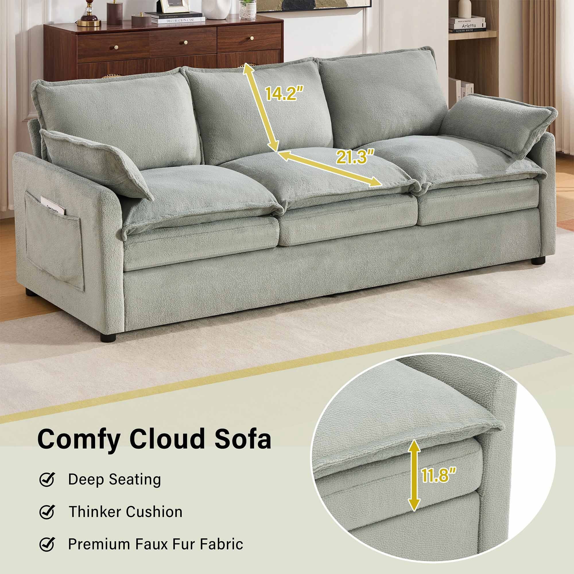 Lunale 3-Seater Sofa with Storage Pockets, Modern Cloud Couch for Living Room, Green Chenille