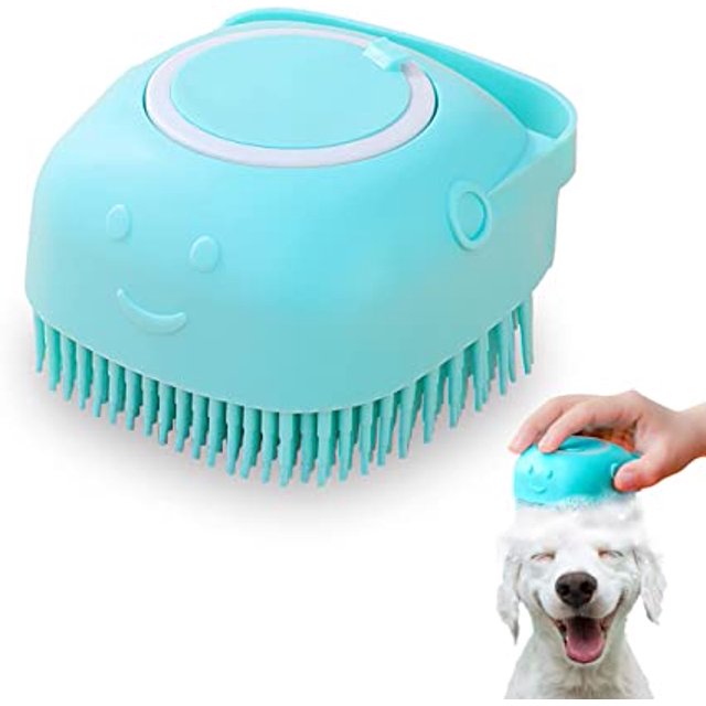 Cepillo de Baño para Perros y Gatos, Cepillo de Silicona 2 en 1 para Gatos, Cepillo de Masaje con Champú, Cepillo de Ducha para Gatos con Dispensador de Gel de Ducha (Azul)