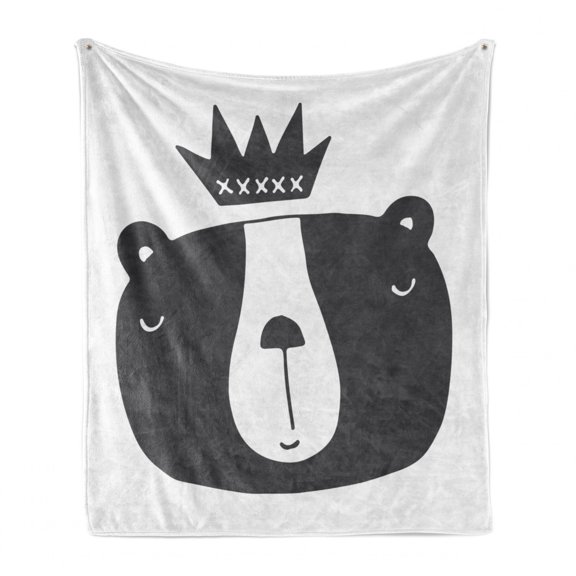 Cartoon Soft Flannel Fleece Blanket, Amusing Bear Character with a Crown Scandinavian Illustration Monochrome, Cozy Plush for Indoor and Outdoor Use, 60" x 80", Charcoal Grey White, by Ambesonne