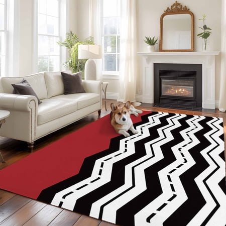 Black White Chevron Area Rug 5x8 FT, Non Slip Bedroom Throw Carpet, Geometric Red Sea Wavy Striped Washable Soft Floor Carpet Non-Shedding Rug for Living Room Nursery Dorm Office